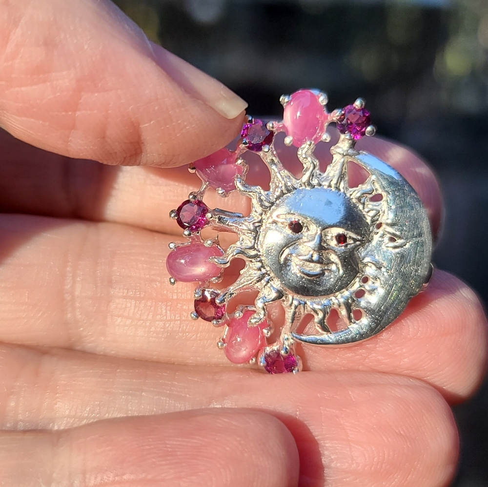 Pink star Ruby & Rhodolite sterling moon 🌙 & Sun ☀️ brooch - Picture 8 of 9